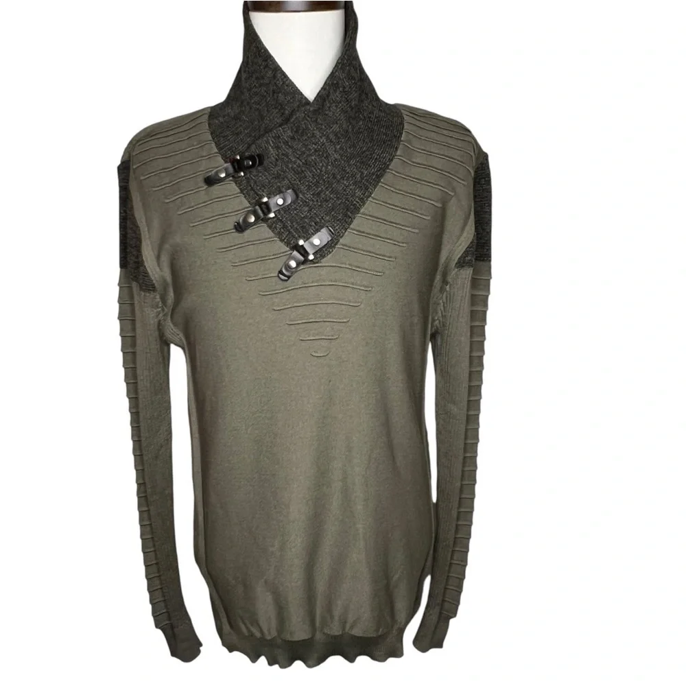 LCR Black Edition Olive Green Shawl Collar Hardware Detail Sweater Size XL NWT
